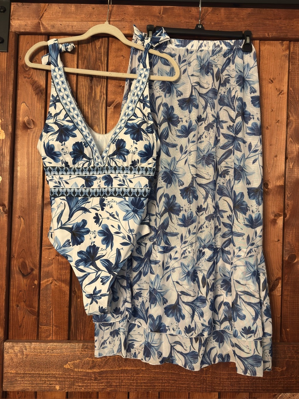 Blue Floral One-Piece Swimsuit with Matching Maxi Skirt